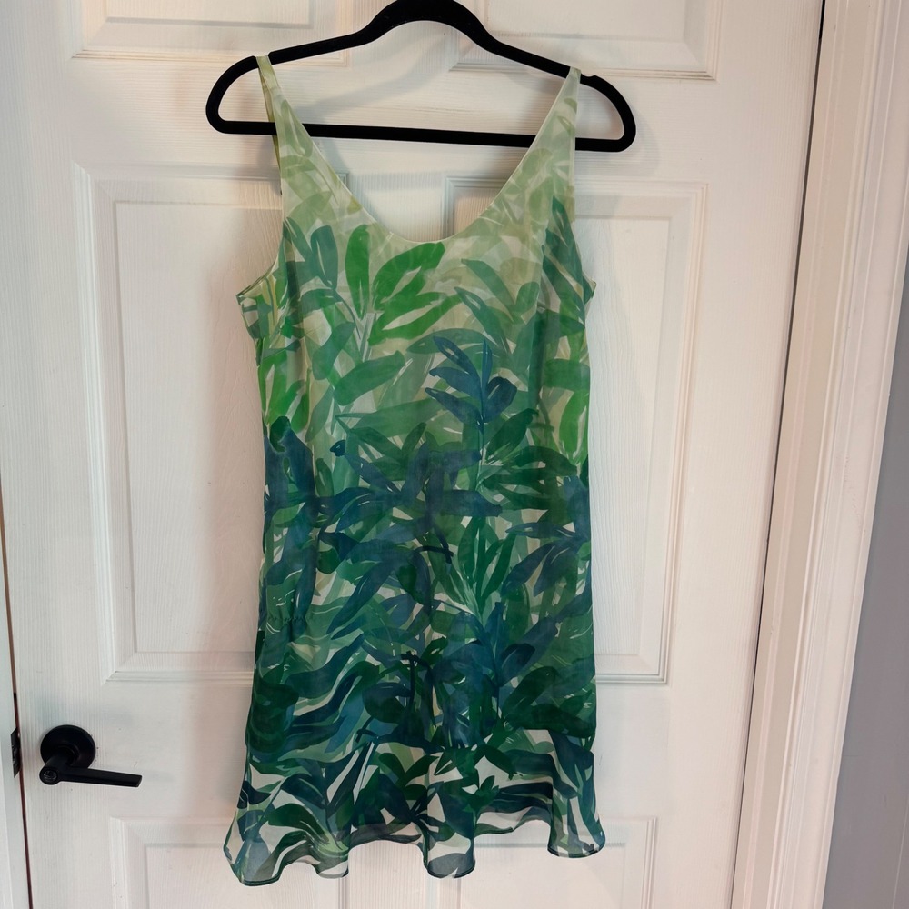 Cabi Tropical Leaf Slip Dress Womens Medium Green Excellent Ruffle Hem‎ 5235